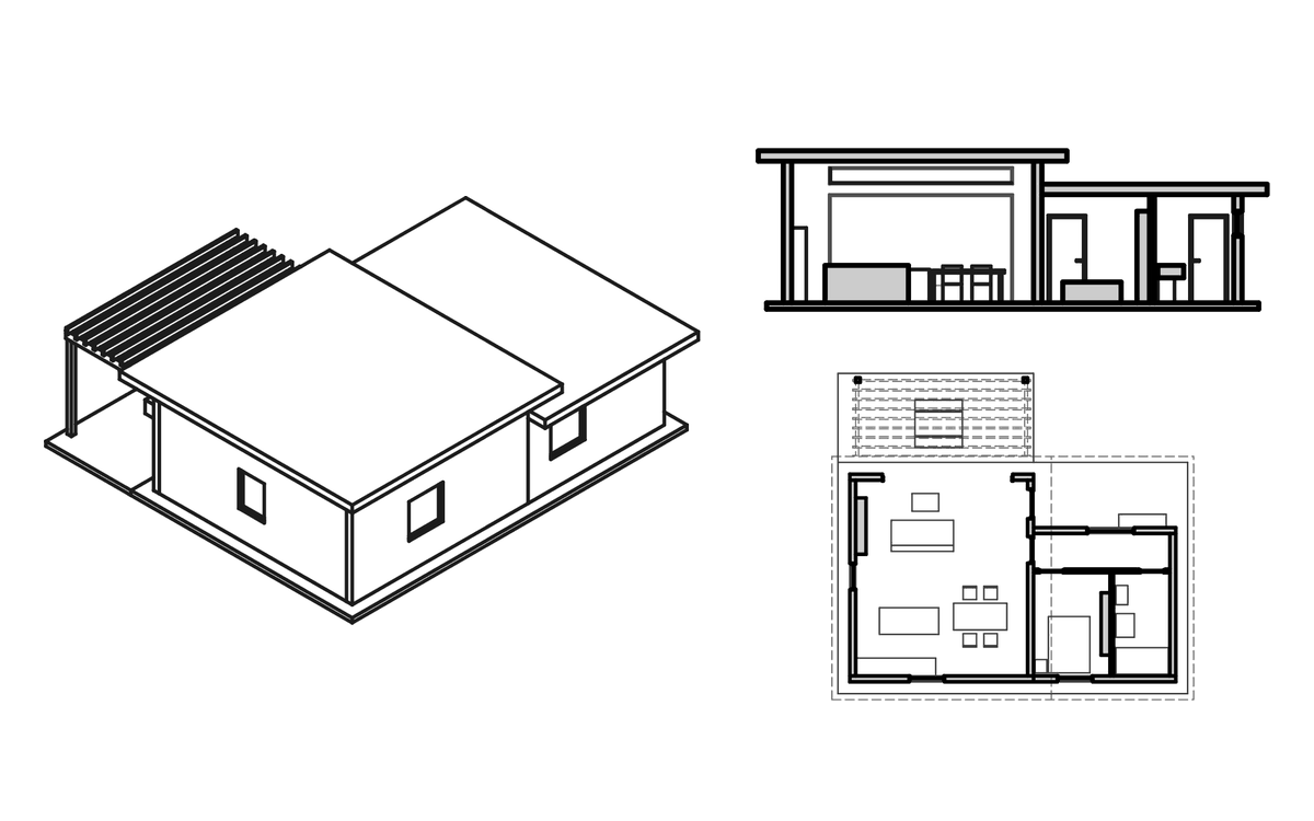 Axonometría, corte y planta de una casa, dibujados en DXF por la herramienta VISTAS de Ceroforma
