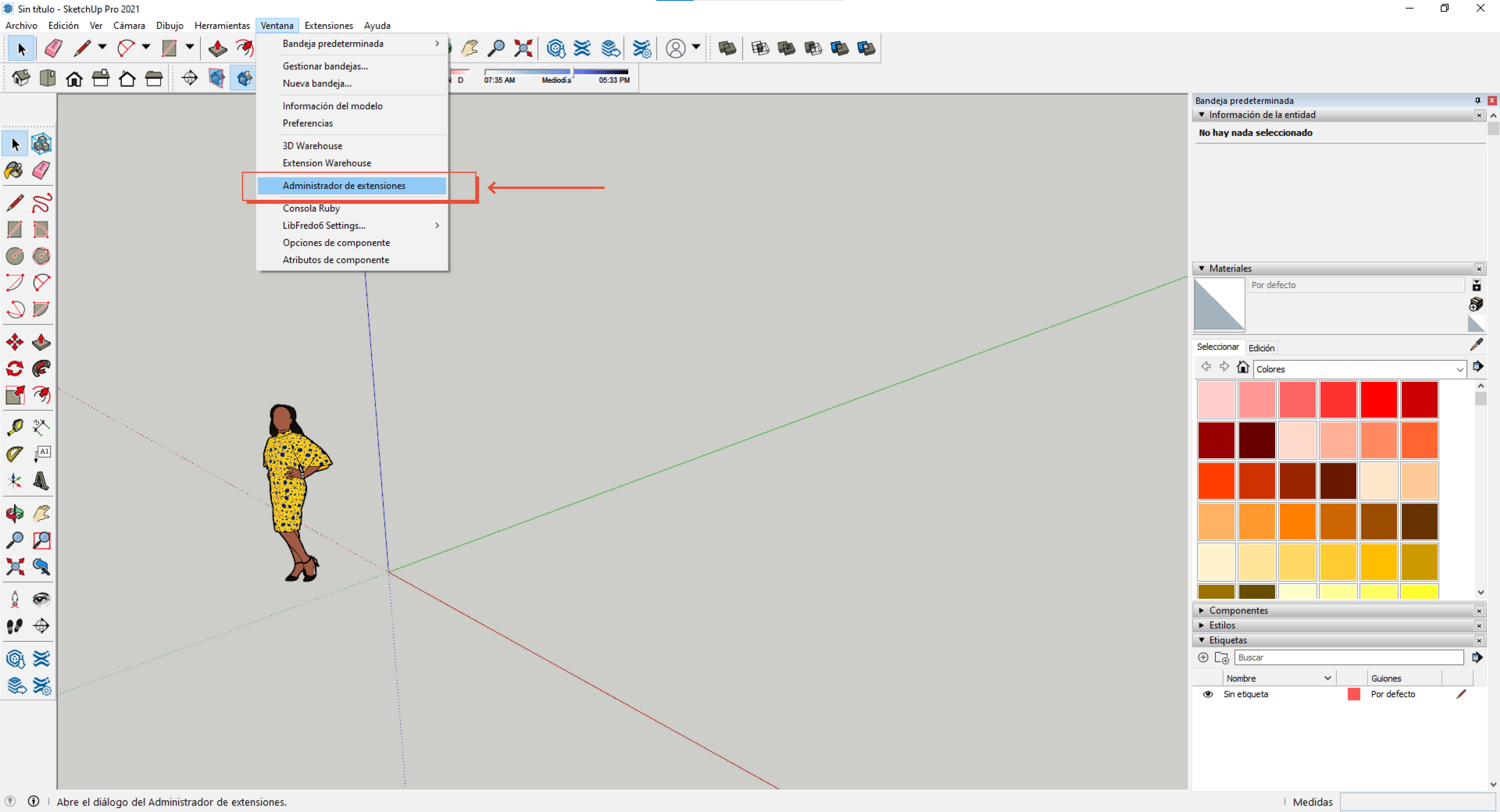 Menú Extensiones → Administrador de extensiones en SketchUp